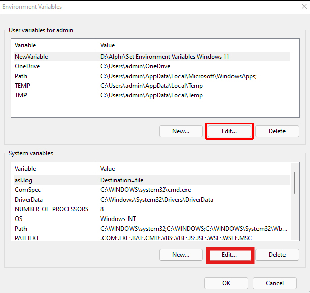 Screenshot of Environment Variables window showing system variables section
