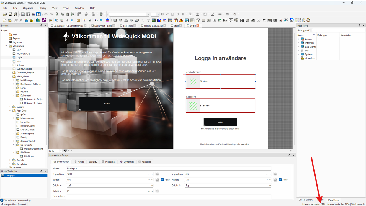Screenshot of WideQuick Designer showing variable counter in bottom-right corner