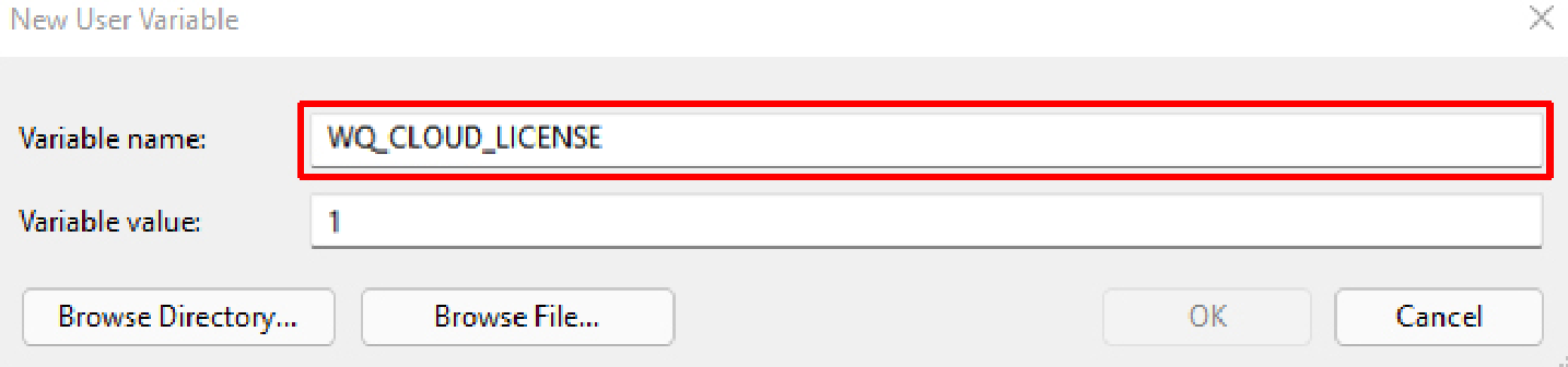 Screenshot of New System Variable dialog with WQ_CLOUD_LICENSE set to 1