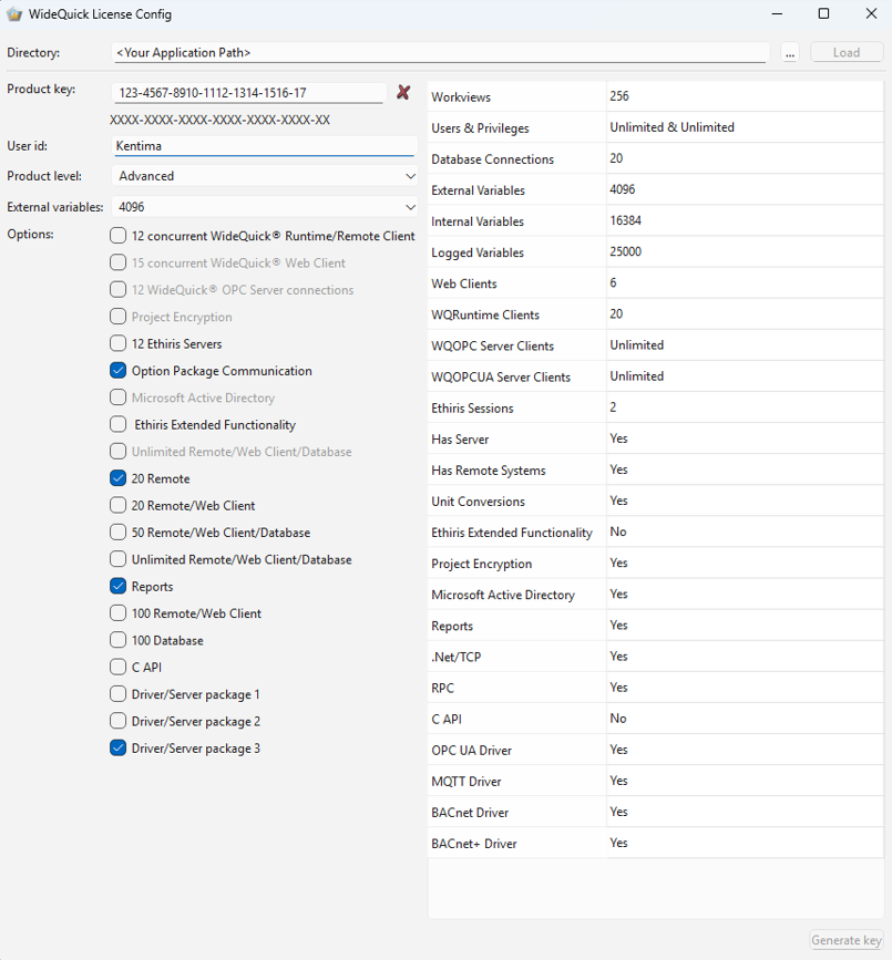 Screenshot of the WideQuick License Config tool's main interface