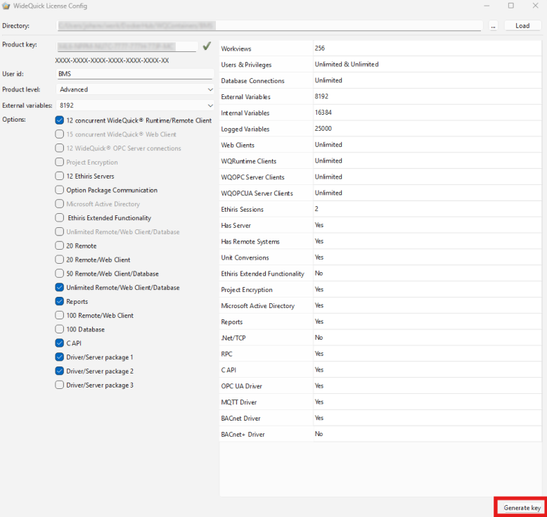 Screenshot of Generate key button in WideQuick License Config tool