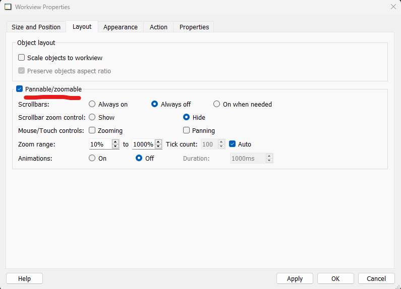 Pannable/Zoomable setting in Workview properties