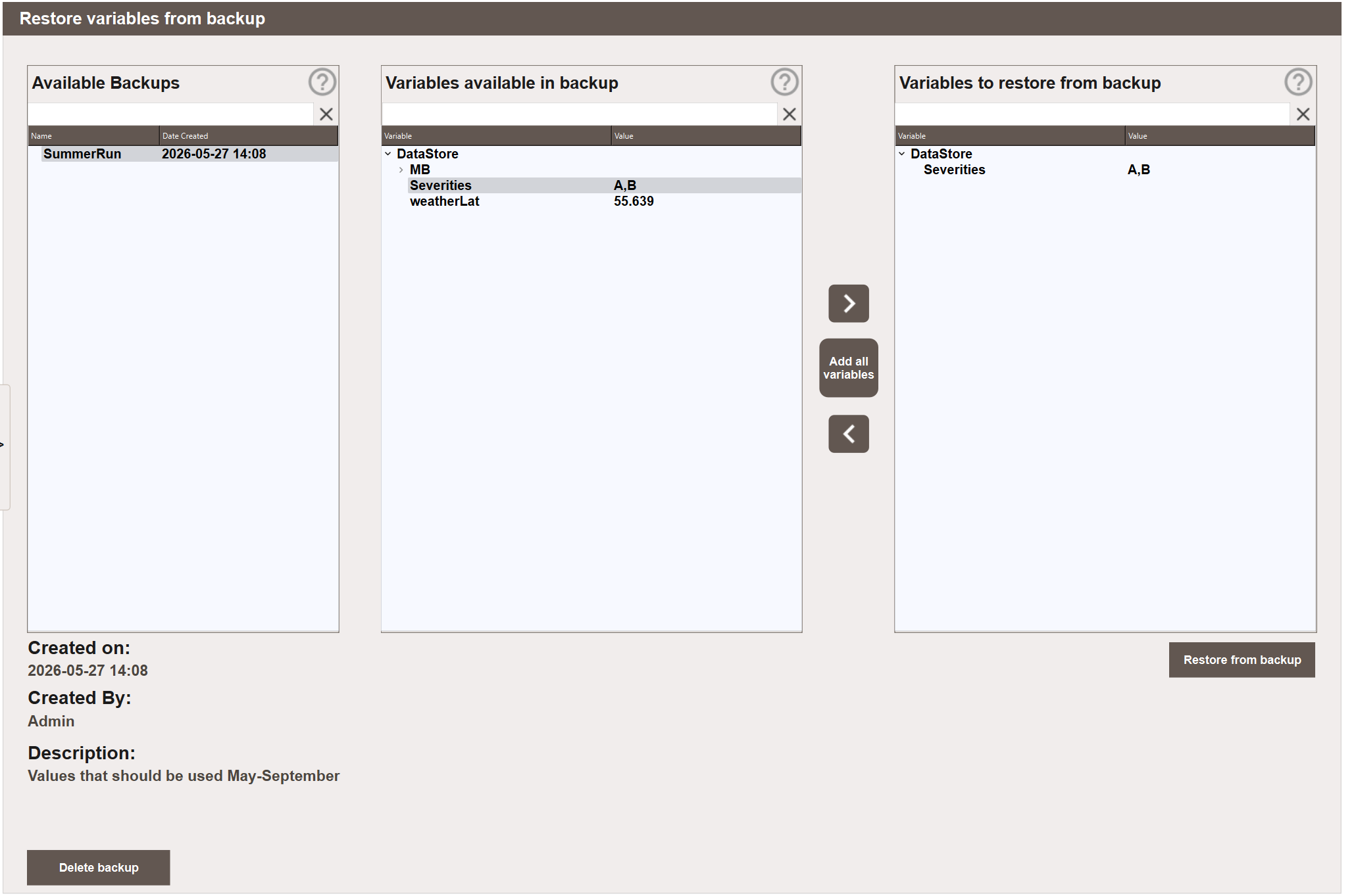 Restore variables from backup view