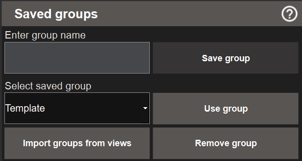 Saved groups panel showing the group name field, dropdown, and import button