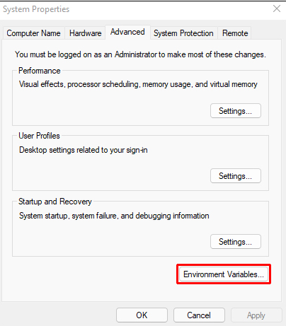 Screenshot of System Properties window with Environment Variables button highlighted