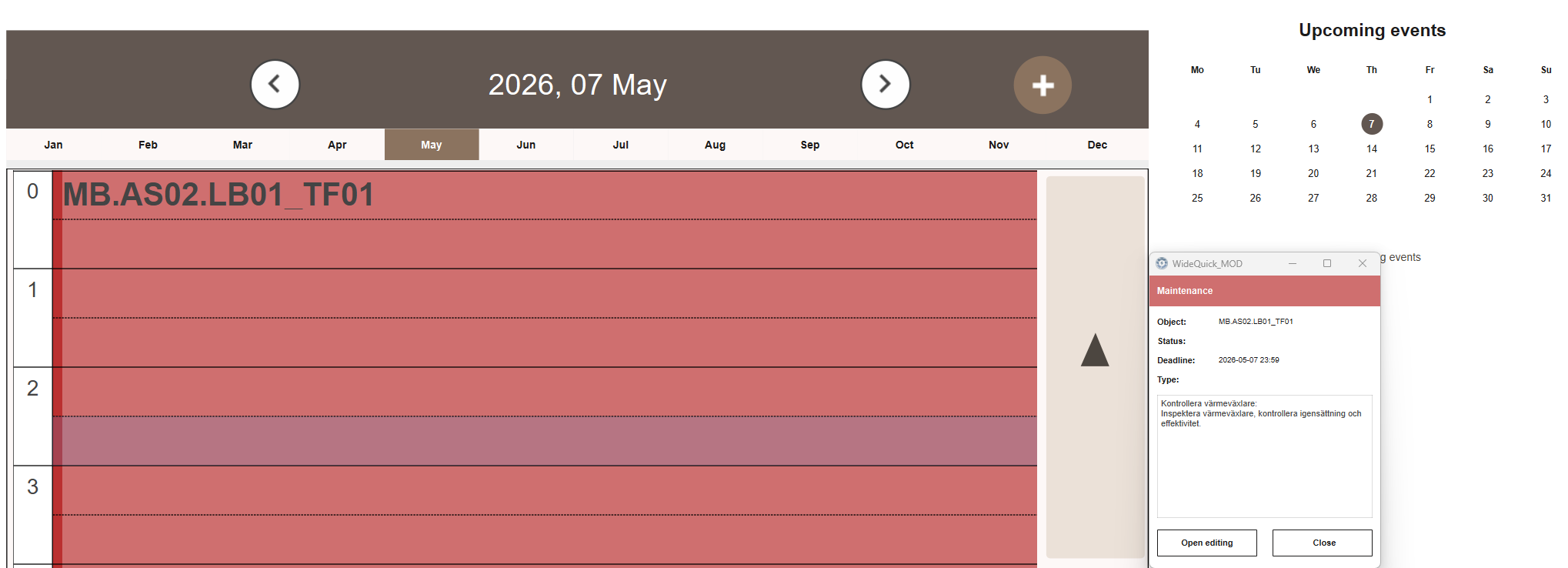 Maintenance tasks visible as events in the Calendar view
