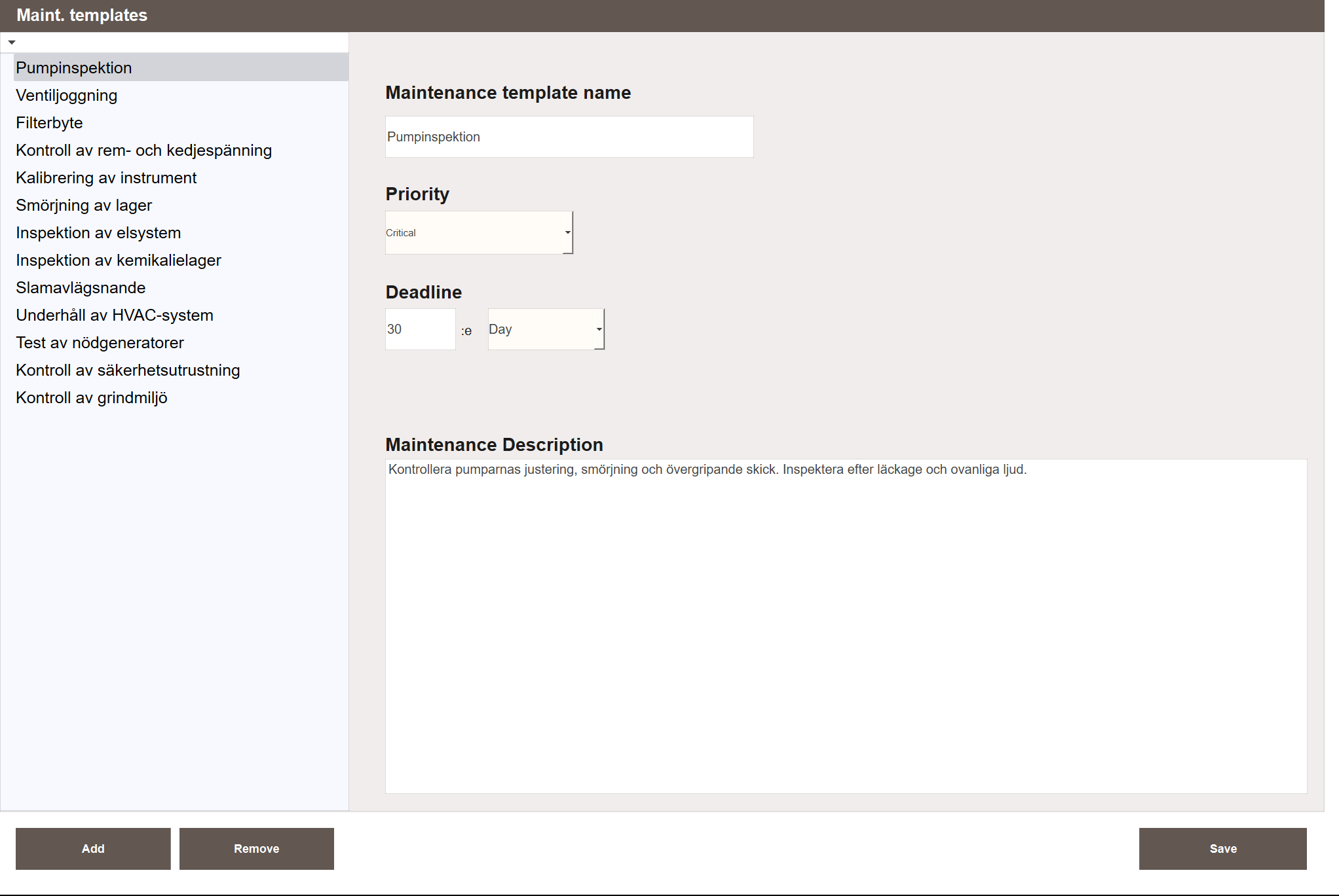 Maint. templates view