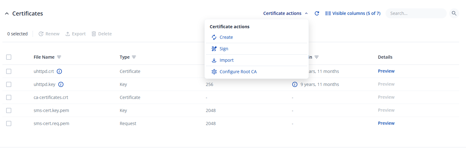 Certificate list with the new request highlighted
