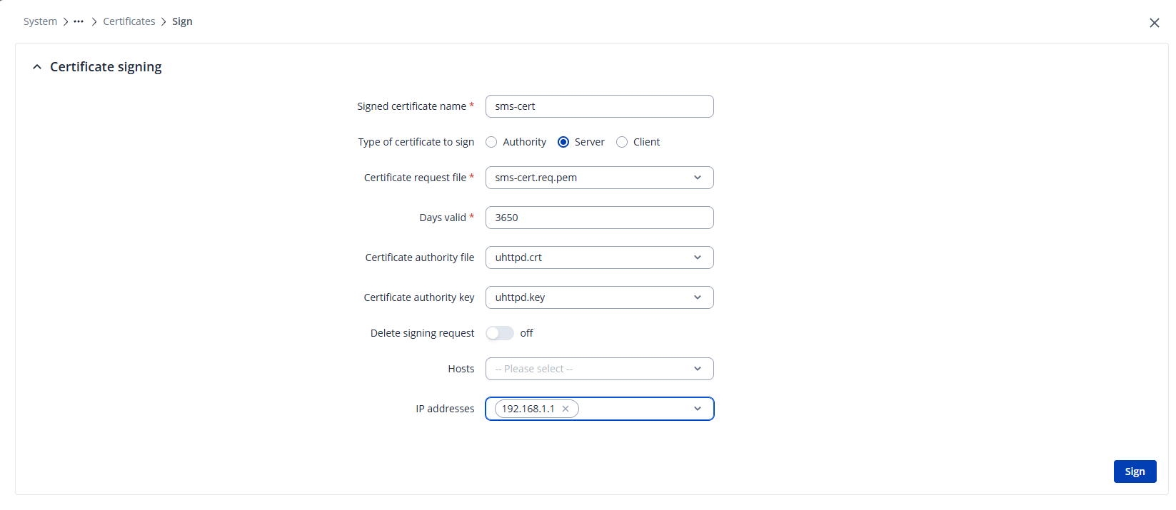 The Certificate signing dialog