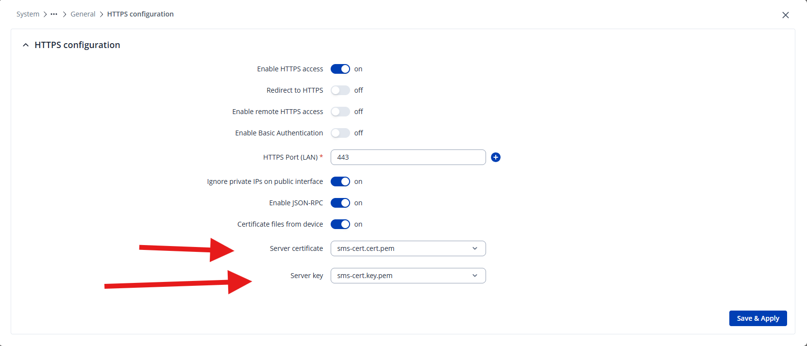 HTTPS configuration with Server certificate and Server key set to sms-cert
