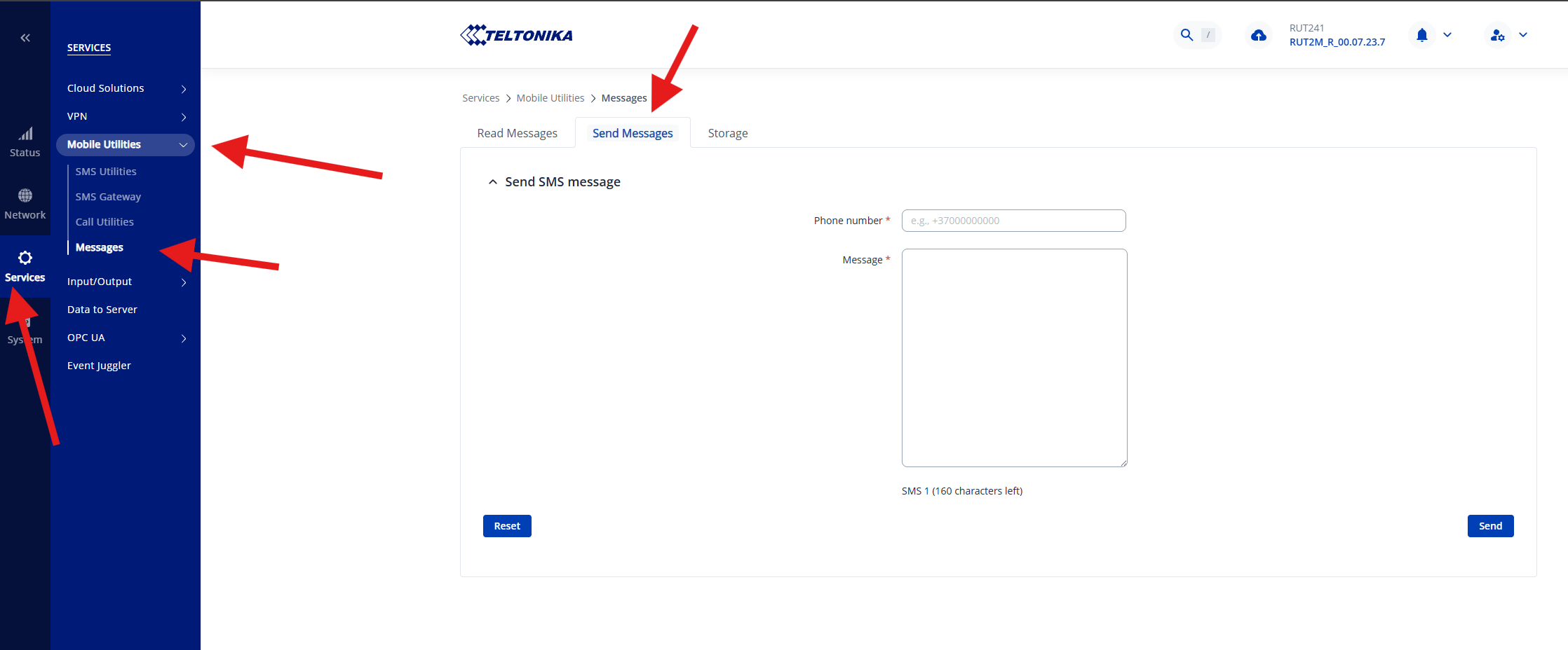 Send a test message from the router