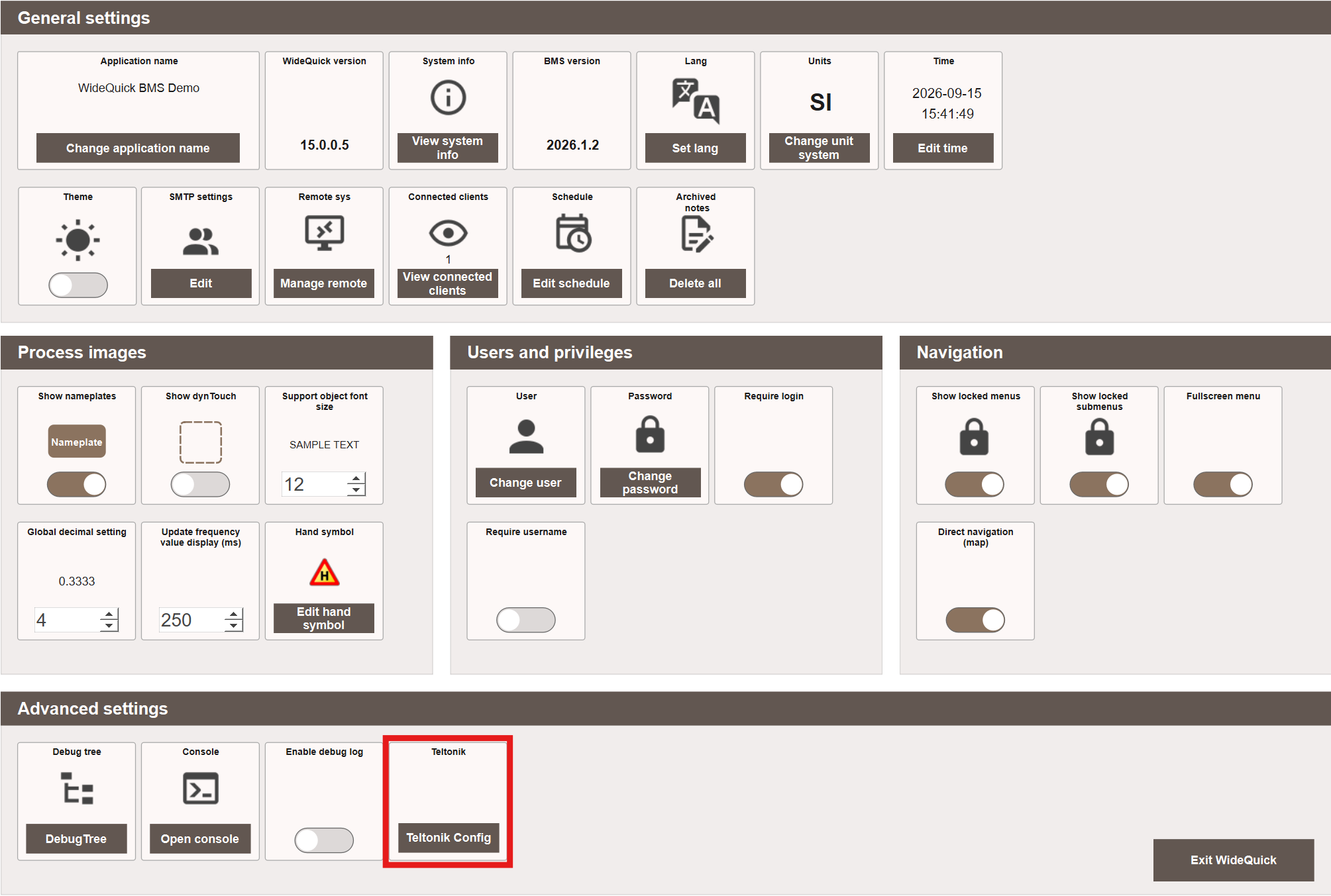 The Teltonik Config button under Advanced settings