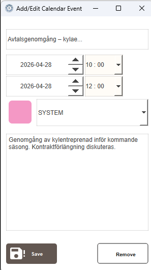 Popup-fönstret Lägg till/redigera kalenderhändelse